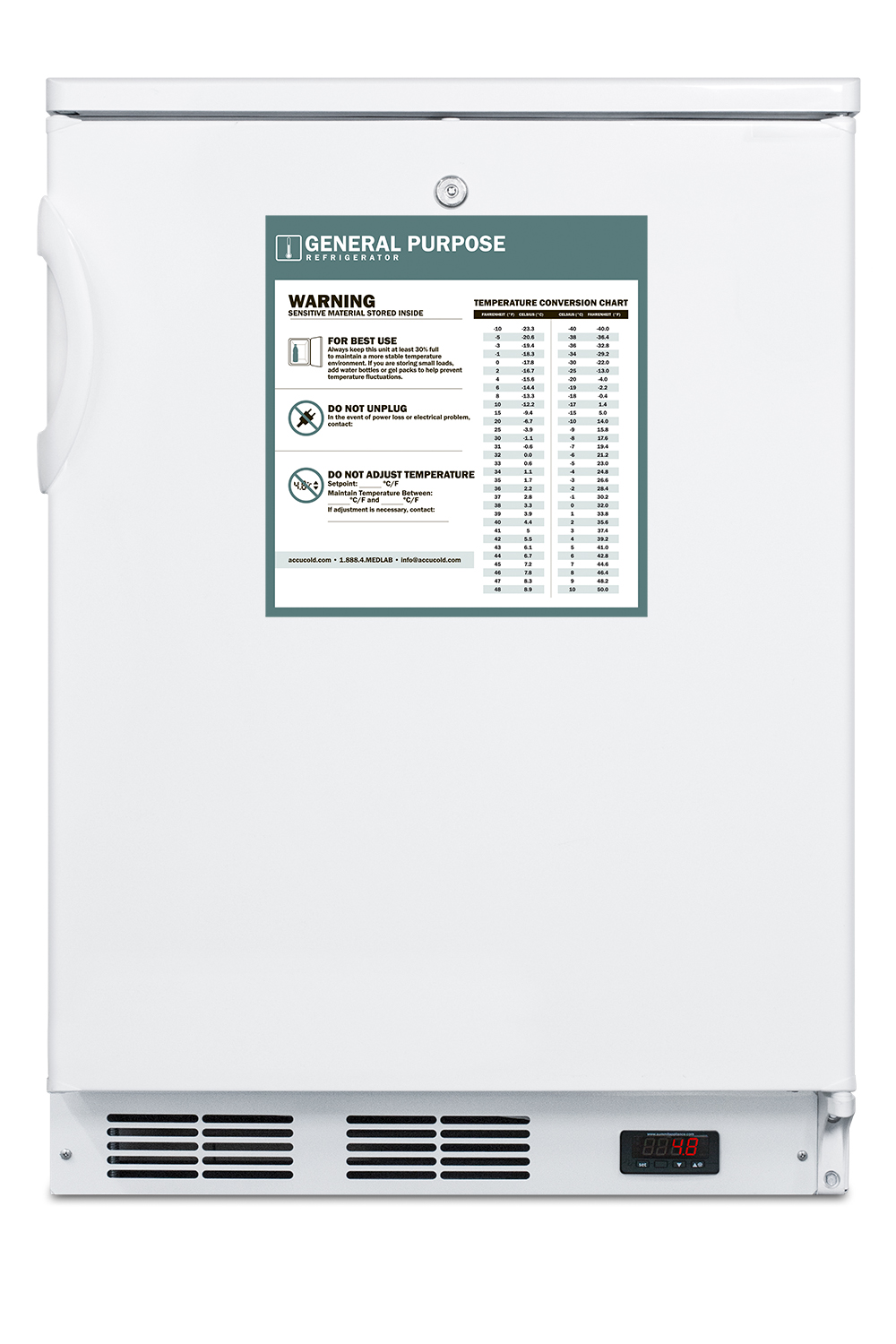 Commercially listed freestanding all-refrigerator for general purpose use, with front lock, automatic defrost operation and white exterior